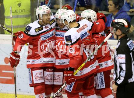 EBEL. Eishockey Bundesliga. KAC gegen VSV. Torjubel Matthew Neal, Thomas Koch, Jamie Lundmark, Ziga Pance (KAC). Klagenfurt, am 16.10.2016.
Foto: Kuess

---
pressefotos, pressefotografie, kuess, qs, qspictures, sport, bild, bilder, bilddatenbank