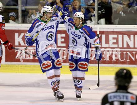 EBEL. Eishockey Bundesliga. KAC gegen VSV. Torjubel Miha Verlic, Corey Locke (VSV). Klagenfurt, am 16.10.2016.
Foto: Kuess

---
pressefotos, pressefotografie, kuess, qs, qspictures, sport, bild, bilder, bilddatenbank