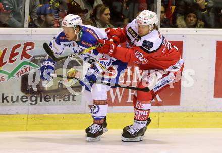 EBEL. Eishockey Bundesliga. KAC gegen VSV. Thomas HUndertpfund,  (KAC), Corey Locke (VSV). Klagenfurt, am 16.10.2016.
Foto: Kuess

---
pressefotos, pressefotografie, kuess, qs, qspictures, sport, bild, bilder, bilddatenbank