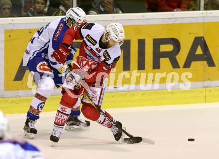 EBEL. Eishockey Bundesliga. KAC gegen VSV. Johannes Bischofberger,  (KAC), Benjamin Petrik (VSV). Klagenfurt, am 16.10.2016.
Foto: Kuess

---
pressefotos, pressefotografie, kuess, qs, qspictures, sport, bild, bilder, bilddatenbank