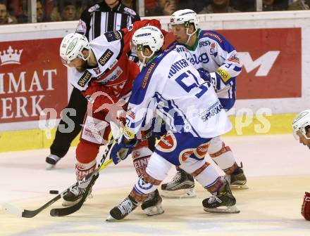 EBEL. Eishockey Bundesliga. KAC gegen VSV. Chhristoph Duller, (KAC), Eric Hunter (VSV). Klagenfurt, am 16.10.2016.
Foto: Kuess

---
pressefotos, pressefotografie, kuess, qs, qspictures, sport, bild, bilder, bilddatenbank