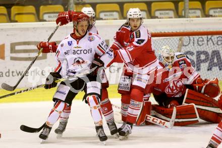 Eishockey AHL. Sky Alps Hockey League. KAC gegen Jesenice.  Philipp Adlassnig, Thomas Dechel,  (KAC). Klagenfurt, am 18.10.2016.
Foto: Kuess

---
pressefotos, pressefotografie, kuess, qs, qspictures, sport, bild, bilder, bilddatenbank