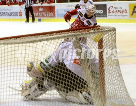 EBEL. Eishockey Bundesliga. KAC gegen HDD Olimpija Ljubljana. Johannes Bischofberger, (KAC), Jeff Frazee (Laibach). Klagenfurt, am 21.10.2016.
Foto: Kuess

---
pressefotos, pressefotografie, kuess, qs, qspictures, sport, bild, bilder, bilddatenbank