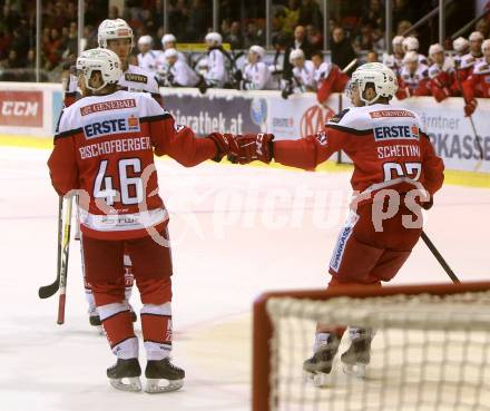 EBEL. Eishockey Bundesliga. KAC gegen HDD Olimpija Ljubljana. Torjubel Johannes Bischofberger, Kevin Schettina (KAC). Klagenfurt, am 21.10.2016.
Foto: Kuess

---
pressefotos, pressefotografie, kuess, qs, qspictures, sport, bild, bilder, bilddatenbank