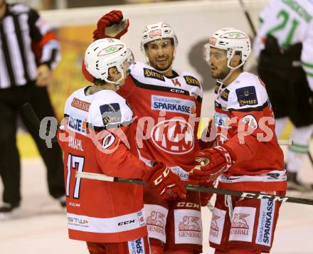 EBEL. Eishockey Bundesliga. KAC gegen HDD Olimpija Ljubljana. Torjubel Manuel Ganahl, Mark Hurturbise, Steven Strong (KAC). Klagenfurt, am 21.10.2016.
Foto: Kuess

---
pressefotos, pressefotografie, kuess, qs, qspictures, sport, bild, bilder, bilddatenbank