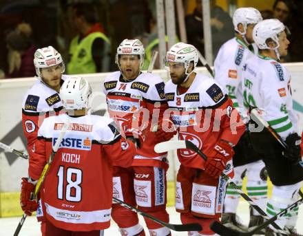 EBEL. Eishockey Bundesliga. KAC gegen HDD Olimpija Ljubljana. Torjubel Jamie Lundmark, Stefan Geier, Thomas Koch, Martin Schumnig (KAC). Klagenfurt, am 21.10.2016.
Foto: Kuess

---
pressefotos, pressefotografie, kuess, qs, qspictures, sport, bild, bilder, bilddatenbank