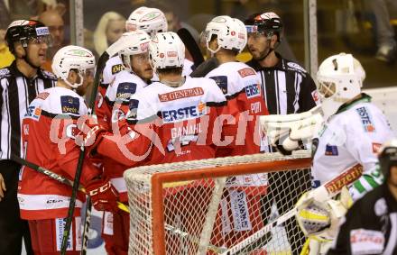 EBEL. Eishockey Bundesliga. KAC gegen HDD Olimpija Ljubljana. Torjubel Matthew Neal, Stefan Geier, Manuel Ganahl, Mark Popovic (KAC). Klagenfurt, am 21.10.2016.
Foto: Kuess

---
pressefotos, pressefotografie, kuess, qs, qspictures, sport, bild, bilder, bilddatenbank