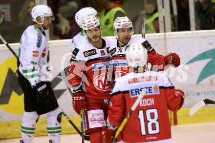 EBEL. Eishockey Bundesliga. KAC gegen HDD Olimpija Ljubljana. Torjubel Jamie Lundmark, Stefan Geier, Thomas Koch (KAC). Klagenfurt, am 21.10.2016.
Foto: Kuess

---
pressefotos, pressefotografie, kuess, qs, qspictures, sport, bild, bilder, bilddatenbank