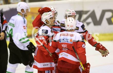 EBEL. Eishockey Bundesliga. KAC gegen HDD Olimpija Ljubljana. Torjubel Manuel Ganahl, Mark Hurturbise, Steven Strong, Matthew Neal (KAC). Klagenfurt, am 21.10.2016.
Foto: Kuess

---
pressefotos, pressefotografie, kuess, qs, qspictures, sport, bild, bilder, bilddatenbank