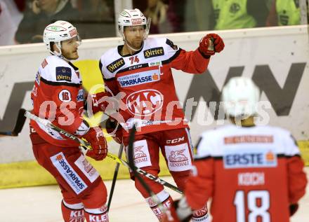 EBEL. Eishockey Bundesliga. KAC gegen HDD Olimpija Ljubljana. Torjubel Jamie Lundmark, Stefan Geier (KAC). Klagenfurt, am 21.10.2016.
Foto: Kuess

---
pressefotos, pressefotografie, kuess, qs, qspictures, sport, bild, bilder, bilddatenbank