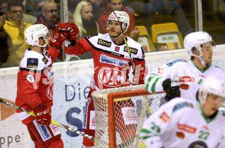 EBEL. Eishockey Bundesliga. KAC gegen HDD Olimpija Ljubljana. Torjubel Matthew Neal, Stefan Geier (KAC). Klagenfurt, am 21.10.2016.
Foto: Kuess

---
pressefotos, pressefotografie, kuess, qs, qspictures, sport, bild, bilder, bilddatenbank