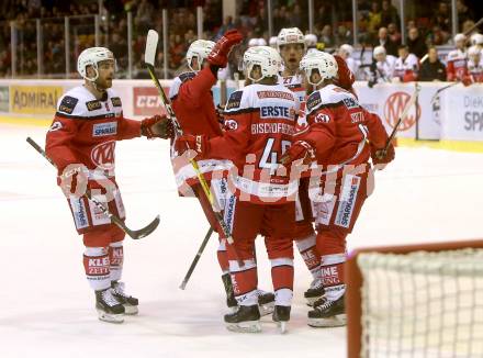 EBEL. Eishockey Bundesliga. KAC gegen HDD Olimpija Ljubljana. Torjubel Johannes Bischofberger, Kevin Schettina, Metthew Neal, Thomas Hundertpfund, Christoph Duller (KAC). Klagenfurt, am 21.10.2016.
Foto: Kuess

---
pressefotos, pressefotografie, kuess, qs, qspictures, sport, bild, bilder, bilddatenbank