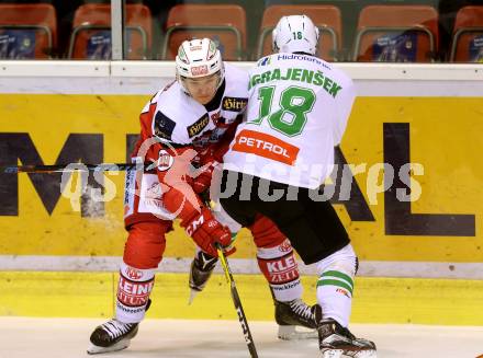 EBEL. Eishockey Bundesliga. KAC gegen HDD Olimpija Ljubljana. Marco Brucker,  (KAC), Tim Ograjensek (Laibach). Klagenfurt, am 21.10.2016.
Foto: Kuess

---
pressefotos, pressefotografie, kuess, qs, qspictures, sport, bild, bilder, bilddatenbank