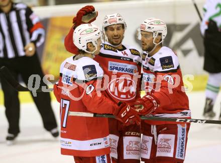 EBEL. Eishockey Bundesliga. KAC gegen HDD Olimpija Ljubljana. Torjubel Manuel Ganahl, Mark Hurturbise, Steven Strong (KAC). Klagenfurt, am 21.10.2016.
Foto: Kuess

---
pressefotos, pressefotografie, kuess, qs, qspictures, sport, bild, bilder, bilddatenbank