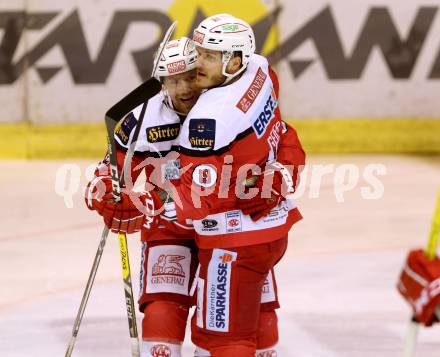 EBEL. Eishockey Bundesliga. KAC gegen EHC Liwest Black Wings Linz. Torjubel Stefan Geier, Jamie Lundmark (KAC). Klagenfurt, am 23.10.2016.
Foto: Kuess

---
pressefotos, pressefotografie, kuess, qs, qspictures, sport, bild, bilder, bilddatenbank