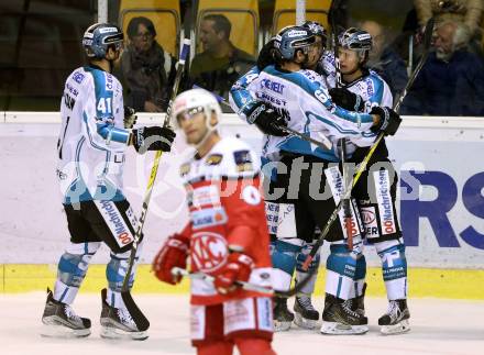 EBEL. Eishockey Bundesliga. KAC gegen EHC Liwest Black Wings Linz. Torjubel Daniel Oberkofler, Stefan Gaffal, Patrick Spannring  (Linz). Klagenfurt, am 23.10.2016.
Foto: Kuess

---
pressefotos, pressefotografie, kuess, qs, qspictures, sport, bild, bilder, bilddatenbank