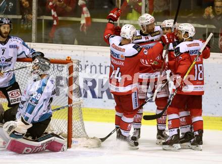 EBEL. Eishockey Bundesliga. KAC gegen EHC Liwest Black Wings Linz. Torjubel Mark Hurturbise, Mark Popovic, Thomas Koch, Jamie Lundmark (KAC). Klagenfurt, am 23.10.2016.
Foto: Kuess

---
pressefotos, pressefotografie, kuess, qs, qspictures, sport, bild, bilder, bilddatenbank