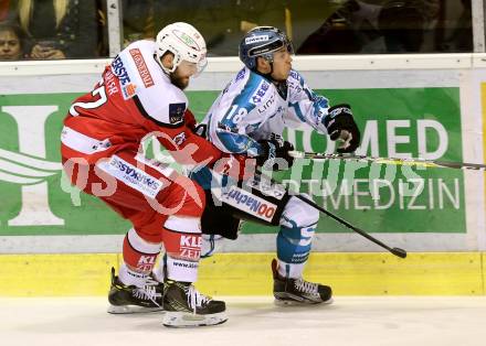 EBEL. Eishockey Bundesliga. KAC gegen EHC Liwest Black Wings Linz. Christoph Duller, (KAC), Erik Kirchschlaeger (Linz). Klagenfurt, am 23.10.2016.
Foto: Kuess

---
pressefotos, pressefotografie, kuess, qs, qspictures, sport, bild, bilder, bilddatenbank