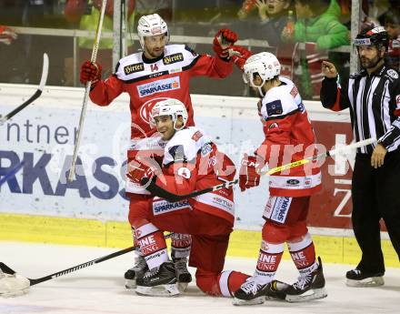 EBEL. Eishockey Bundesliga. KAC gegen EHC Liwest Black Wings Linz. Torjubel Mark Hurturbise, Mark Popovic, Thomas Koch (KAC). Klagenfurt, am 23.10.2016.
Foto: Kuess

---
pressefotos, pressefotografie, kuess, qs, qspictures, sport, bild, bilder, bilddatenbank