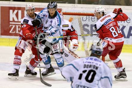 EBEL. Eishockey Bundesliga. KAC gegen EHC Liwest Black Wings Linz. Matthew Neal, Ramon Schnetzer, (KAC), Curtis Loik (Linz). Klagenfurt, am 23.10.2016.
Foto: Kuess

---
pressefotos, pressefotografie, kuess, qs, qspictures, sport, bild, bilder, bilddatenbank