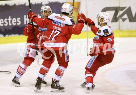 EBEL. Eishockey Bundesliga. KAC gegen EHC Liwest Black Wings Linz. Torjubel Manuel Ganahl, Mark Hurturbise, Ziga Pance (KAC). Klagenfurt, am 23.10.2016.
Foto: Kuess

---
pressefotos, pressefotografie, kuess, qs, qspictures, sport, bild, bilder, bilddatenbank