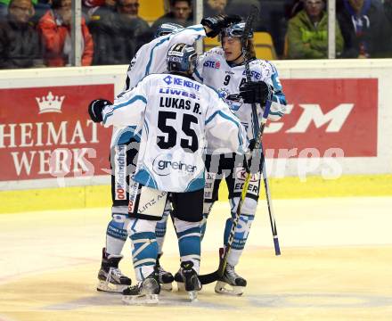 EBEL. Eishockey Bundesliga. KAC gegen EHC Liwest Black Wings Linz. Torjubel Robert Lukas, Kevin Moderer, Brian Lebler (Linz). Klagenfurt, am 23.10.2016.
Foto: Kuess

---
pressefotos, pressefotografie, kuess, qs, qspictures, sport, bild, bilder, bilddatenbank