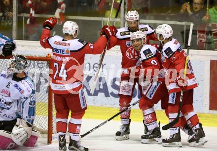 EBEL. Eishockey Bundesliga. KAC gegen EHC Liwest Black Wings Linz. Torjubel Mark Hurturbise, Mark Popovic, Thomas Koch, Jamie Lundmark (KAC). Klagenfurt, am 23.10.2016.
Foto: Kuess

---
pressefotos, pressefotografie, kuess, qs, qspictures, sport, bild, bilder, bilddatenbank