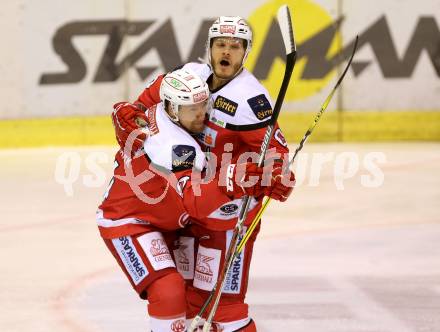 EBEL. Eishockey Bundesliga. KAC gegen EHC Liwest Black Wings Linz. Torjubel Stefan Geier, Jamie Lundmark (KAC). Klagenfurt, am 23.10.2016.
Foto: Kuess

---
pressefotos, pressefotografie, kuess, qs, qspictures, sport, bild, bilder, bilddatenbank