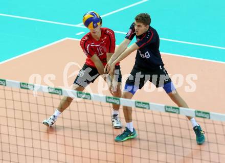 Volleyball Bundesliga. VBK Woerthersee Loewen gegen VC Graz. Simon Fruehbauer, Philipp Zabernig (Woerthersee Loewen). Klagenfurt, am 26.10.2016.
Foto: Kuess
---
pressefotos, pressefotografie, kuess, qs, qspictures, sport, bild, bilder, bilddatenbank