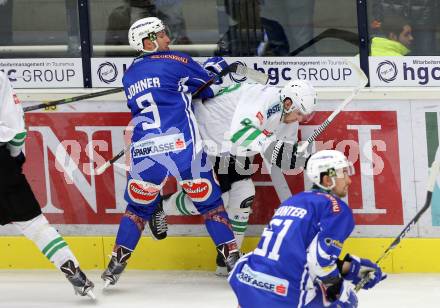 EBEL. Eishockey Bundesliga. VSV gegen	HDD Olimpija Ljubljana. Dustin Johner,  (VSV), Miha Zajc (Laibach). Villach, am 28.10.2016.
Foto: Kuess

---
pressefotos, pressefotografie, kuess, qs, qspictures, sport, bild, bilder, bilddatenbank