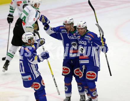 EBEL. Eishockey Bundesliga. VSV gegen	HDD Olimpija Ljubljana. Torjubel Brock McBride, Valentin Leiler, Benjamin Petrik (VSV). Villach, am 28.10.2016.
Foto: Kuess

---
pressefotos, pressefotografie, kuess, qs, qspictures, sport, bild, bilder, bilddatenbank