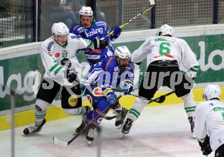 EBEL. Eishockey Bundesliga. VSV gegen	HDD Olimpija Ljubljana. Benjami Lanzinger, Christof Kromp, (VSV), Mark Cepon, Bostjan Groznik (Laibach). Villach, am 28.10.2016.
Foto: Kuess

---
pressefotos, pressefotografie, kuess, qs, qspictures, sport, bild, bilder, bilddatenbank