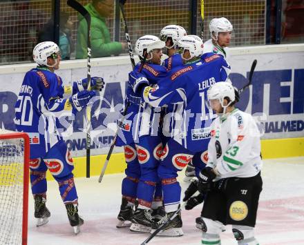 EBEL. Eishockey Bundesliga. VSV gegen	HDD Olimpija Ljubljana. Torjubel Brock McBride, Valentin Leiler, Benjamin Petrik, Nico Brunner (VSV). Villach, am 28.10.2016.
Foto: Kuess

---
pressefotos, pressefotografie, kuess, qs, qspictures, sport, bild, bilder, bilddatenbank