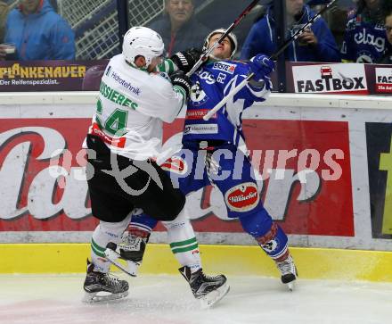 EBEL. Eishockey Bundesliga. VSV gegen	HDD Olimpija Ljubljana. Kevin Wehrs,  (VSV), Raphael Bussieres (Laibach). Villach, am 28.10.2016.
Foto: Kuess

---
pressefotos, pressefotografie, kuess, qs, qspictures, sport, bild, bilder, bilddatenbank