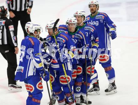 EBEL. Eishockey Bundesliga. VSV gegen	HDD Olimpija Ljubljana. Torjubel Brock McBride, Valentin Leiler, Benjamin Petrik, Valentin Leiler, Mikko Jokela, Philipp Pinter (VSV). Villach, am 28.10.2016.
Foto: Kuess

---
pressefotos, pressefotografie, kuess, qs, qspictures, sport, bild, bilder, bilddatenbank