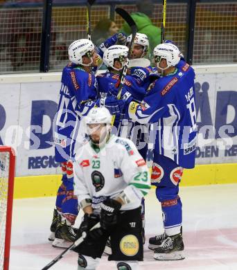 EBEL. Eishockey Bundesliga. VSV gegen	HDD Olimpija Ljubljana. Torjubel Brock McBride, Valentin Leiler, Benjamin Petrik, Nico Brunner (VSV). Villach, am 28.10.2016.
Foto: Kuess

---
pressefotos, pressefotografie, kuess, qs, qspictures, sport, bild, bilder, bilddatenbank