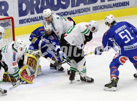 EBEL. Eishockey Bundesliga. VSV gegen	HDD Olimpija Ljubljana. Samuel Labrecque, Eric Hunter, (VSV),  Jeff Frazee, Jonathan Harty, Sascha Guimond (Laibach). Villach, am 28.10.2016.
Foto: Kuess

---
pressefotos, pressefotografie, kuess, qs, qspictures, sport, bild, bilder, bilddatenbank