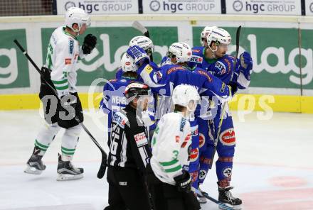 EBEL. Eishockey Bundesliga. VSV gegen	HDD Olimpija Ljubljana. Torjubel Miha Verlic, Patrick Platzer, Kevin Wehrs, Nico Brunner, Evan McGrath (VSV). Villach, am 28.10.2016.
Foto: Kuess

---
pressefotos, pressefotografie, kuess, qs, qspictures, sport, bild, bilder, bilddatenbank