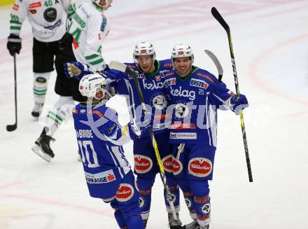 EBEL. Eishockey Bundesliga. VSV gegen	HDD Olimpija Ljubljana. Torjubel Brock McBride, Valentin Leiler, Benjamin Petrik (VSV). Villach, am 28.10.2016.
Foto: Kuess

---
pressefotos, pressefotografie, kuess, qs, qspictures, sport, bild, bilder, bilddatenbank