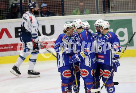 EBEL. Eishockey Bundesliga. VSV gegen	Fehervar AV 19. Torjubel Christof Kromp, Miha Verlic, Mikko Jokela, Markus Schlacher (VSV). Villach, am 30.10.2016.
Foto: Kuess

---
pressefotos, pressefotografie, kuess, qs, qspictures, sport, bild, bilder, bilddatenbank