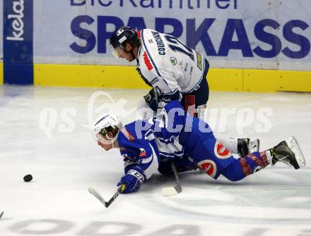 EBEL. Eishockey Bundesliga. VSV gegen	Fehervar AV 19. Christof Kromp,  (VSV), Adam Courchaine (Alba Volan). Villach, am 30.10.2016.
Foto: Kuess

---
pressefotos, pressefotografie, kuess, qs, qspictures, sport, bild, bilder, bilddatenbank