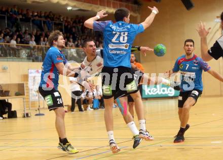 HLA. Handball Bundesliga. SC Ferlach gegen Union JURI Leoben. Nemanja Malovic,  (Ferlach), Andreas Schwarz, Stefan Salbrechter (Leoben). Ferlach, am 11.11.2016.
Foto: Kuess

---
pressefotos, pressefotografie, kuess, qs, qspictures, sport, bild, bilder, bilddatenbank