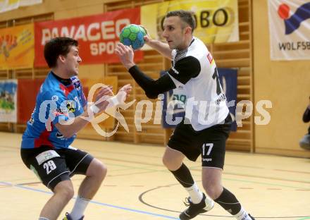 HLA. Handball Bundesliga. SC Ferlach gegen Union JURI Leoben. Izudin Mujanovic,  (Ferlach), Thomas Paul Wulz (Leoben). Ferlach, am 11.11.2016.
Foto: Kuess

---
pressefotos, pressefotografie, kuess, qs, qspictures, sport, bild, bilder, bilddatenbank