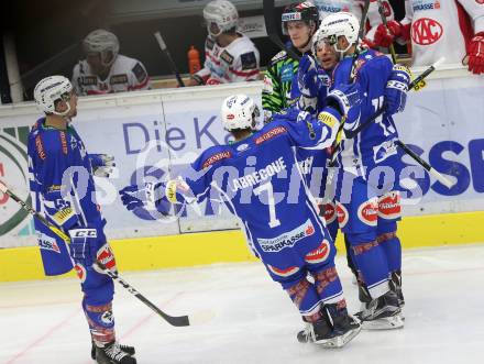 EBEL. Eishockey Bundesliga. VSV gegen	KAC. Torjubel Jeremie Ouellet Blaine, Corey Locke, Samuel Labrecque, Eric HUnter (VSV). Villach, am 13.11.2016.
Foto: Kuess

---
pressefotos, pressefotografie, kuess, qs, qspictures, sport, bild, bilder, bilddatenbank