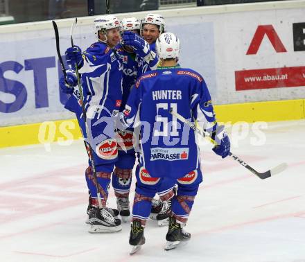 EBEL. Eishockey Bundesliga. VSV gegen	KAC. Torjubel Dustin Johner, Kevin Wehrs, Corey Locke, Eric Hunter (VSV). Villach, am 13.11.2016.
Foto: Kuess

---
pressefotos, pressefotografie, kuess, qs, qspictures, sport, bild, bilder, bilddatenbank