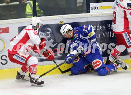 EBEL. Eishockey Bundesliga. VSV gegen	KAC. Dustin Johner, (VSV), Steven Strong (KAC). Villach, am 13.11.2016.
Foto: Kuess

---
pressefotos, pressefotografie, kuess, qs, qspictures, sport, bild, bilder, bilddatenbank