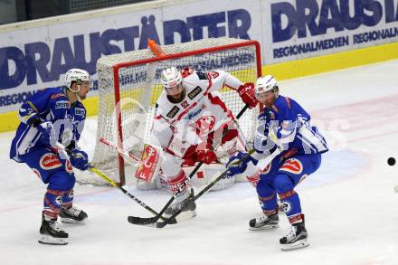 EBEL. Eishockey Bundesliga. VSV gegen	KAC. Eric HUnter, Dustin Johner, (VSV), Christoph Duller  (KAC). Villach, am 13.11.2016.
Foto: Kuess

---
pressefotos, pressefotografie, kuess, qs, qspictures, sport, bild, bilder, bilddatenbank