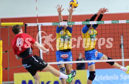 Volleyball Bundesliga. VBK Kelag Woerthersee Loewen Klagenfurt gegen SK Posojilnica Aich/Dob. Arwin Kopschar, (Woerthersee Loewen),  Michal Petras, Mario Koncilja  (Aich/Dob). Klagenfurt, 19.11.2016.
Foto: Kuess 
---
pressefotos, pressefotografie, kuess, qs, qspictures, sport, bild, bilder, bilddatenbank