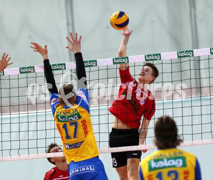 Volleyball Bundesliga. VBK Kelag Woerthersee Loewen Klagenfurt gegen SK Posojilnica Aich/Dob. David Petschnig (Woerthersee Loewen), Mario Koncilja (Aich/Dob). Klagenfurt,  19.11.2016.
Foto: Kuess 
---
pressefotos, pressefotografie, kuess, qs, qspictures, sport, bild, bilder, bilddatenbank