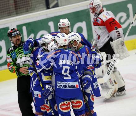 EBEL. Eishockey Bundesliga. VSV gegen	HC Orli Znojmo. Torjubel Corey Locke, Samuel Labrecque, Jan Urbas, Dustin Johner, Kevin Wehrs (VSV). Villach, am 25.11.2016.
Foto: Kuess

---
pressefotos, pressefotografie, kuess, qs, qspictures, sport, bild, bilder, bilddatenbank